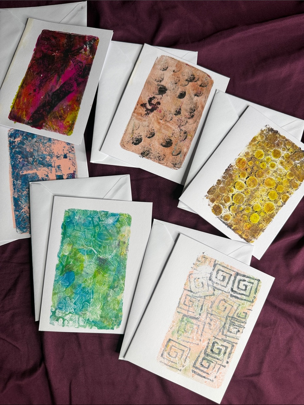 Handmade Abstract Mixed-Media Note Cards - Green, Yellow, Pink, Blue Set